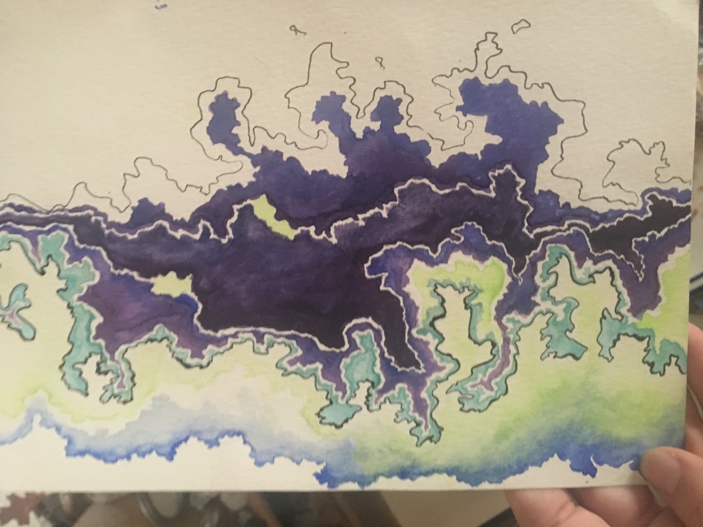 Watercolor of storm clouds in deep purple and blue over yellow-green, with ink outlines tracing the cloud edges.