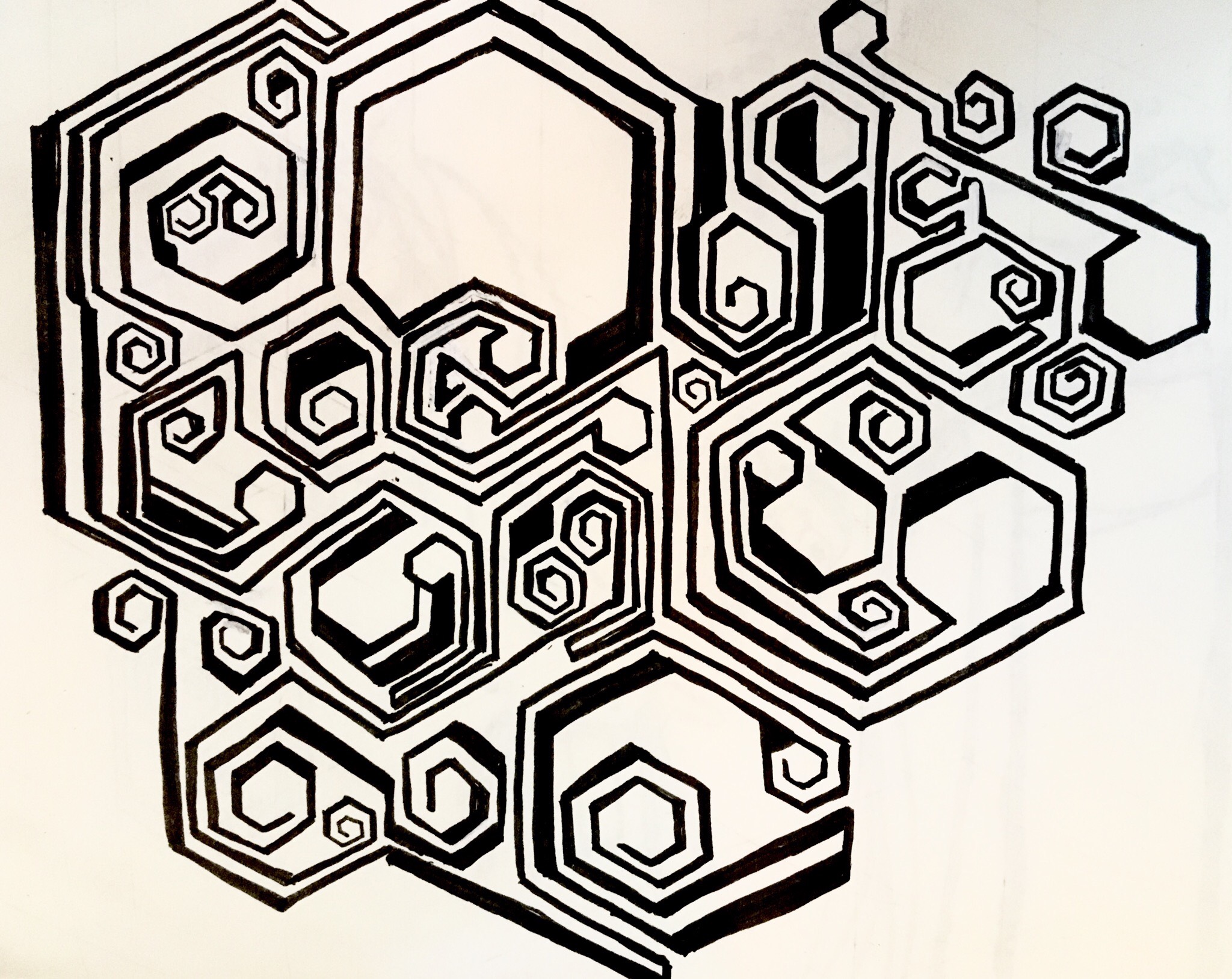 Bold black ink drawing of interlocking hexagons spiraling inward, like a honeycomb maze.