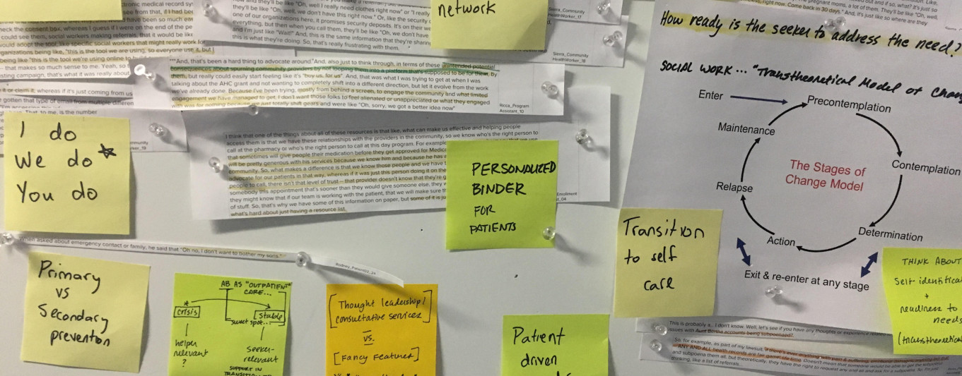 Research synthesis wall: printed interview transcripts, sticky notes reading “I do / We do / You do”, “Personalized binder for patients”, and a hand-drawn Stages of Change model.