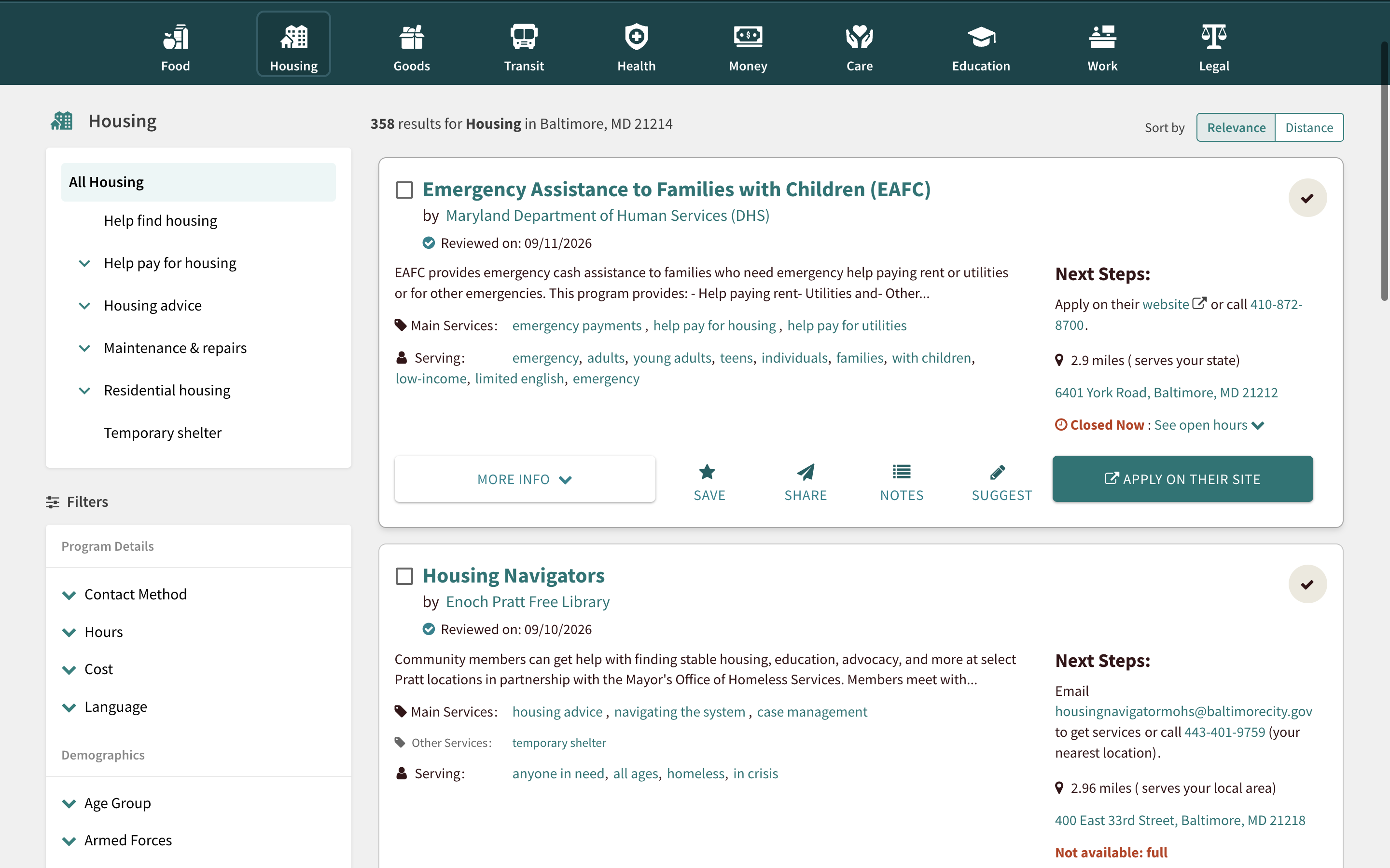 Wide-screen search results: category nav across the top, filters at left, and program cards with a Next Steps column showing how to apply, distance, address, and open hours.