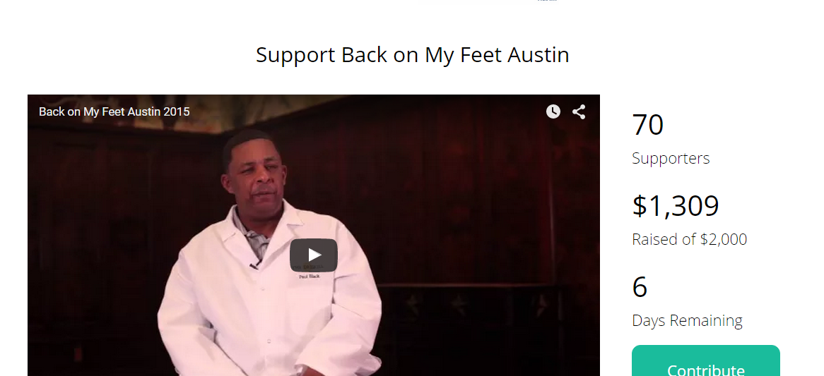 MultiplyMe fundraising page for Back on My Feet Austin, showing 70 supporters and $1,309 raised of $2,000.