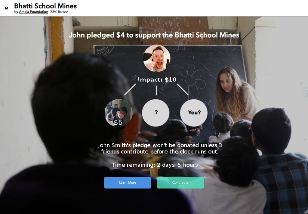MultiplyMe pledge page for a school fundraiser: a supporter’s photo at the top of a branching tree of pledges, with a countdown explaining the pledge is only donated if three friends join.