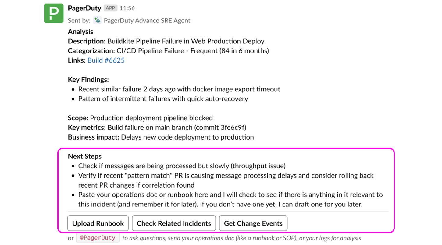 An SRE Agent analysis in Slack, ending with a Next Steps list and one-click actions to upload a runbook, check related incidents, or get change events